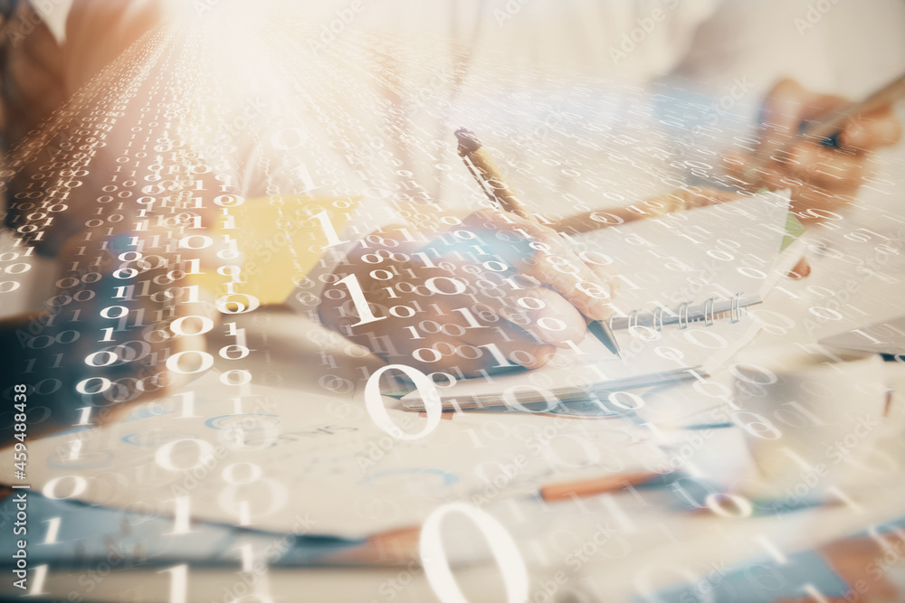Double exposure of data theme sketch drawing over people writing background. Concept of technology Double exposure of data theme sketch drawing over people writing background. Concept of technology