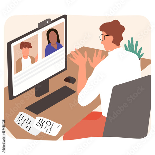 The man meeting online.face call on computer.vector design.