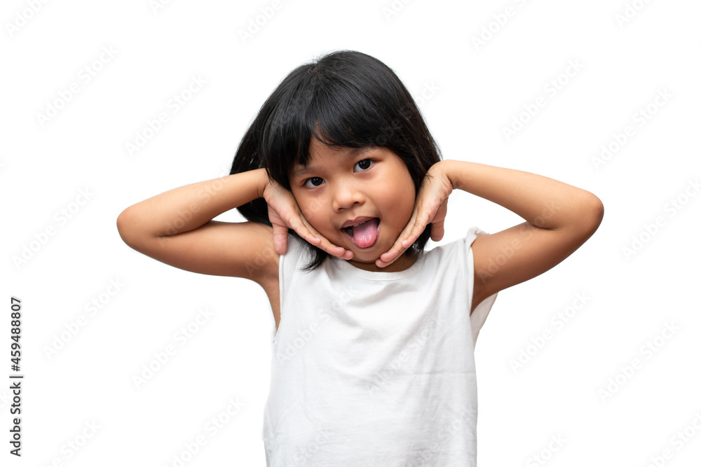 Portrait of happy and funny Asian child girl on white background, a child looking at camera hand gesture. Preschool kid dreaming fill with energy feeling healthy and good concept Portrait of happy and funny Asian child girl on white background, a child looking at camera hand gesture. Preschool kid dreaming fill with energy feeling healthy and good concept