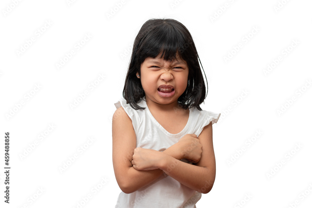 Portrait of Asian angry, sad and embrace little girl isolated on white background, The emotion of a child when tantrum and mad, expression grumpy emotion. Kid emotional control concept Portrait of Asian angry, sad and embrace little girl isolated on white background, The emotion of a child when tantrum and mad, expression grumpy emotion. Kid emotional control concept