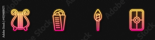 Set line Torch flame, Ancient lyre, Gyros Pita Greek and shield. Glowing neon icon. Vector