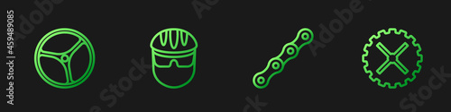Set line Bicycle chain, wheel, helmet and sprocket crank. Gradient color icons. Vector