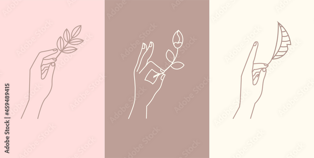 Minimalistic logo templates. Posters for corporate identity with women hands, leaves and branches. Elegant logos for cosmetic brands. Line art flat vector collection isolated on bright background