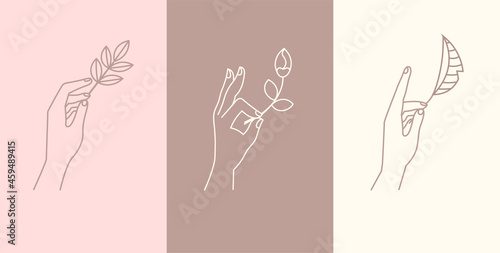 Minimalistic logo templates. Posters for corporate identity with women hands, leaves and branches. Elegant logos for cosmetic brands. Line art flat vector collection isolated on bright background