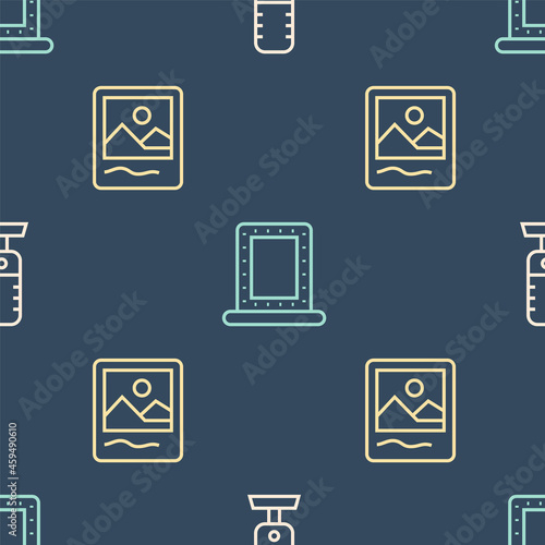 Set line Microphone, Photo frame and Makeup mirror with lights on seamless pattern. Vector