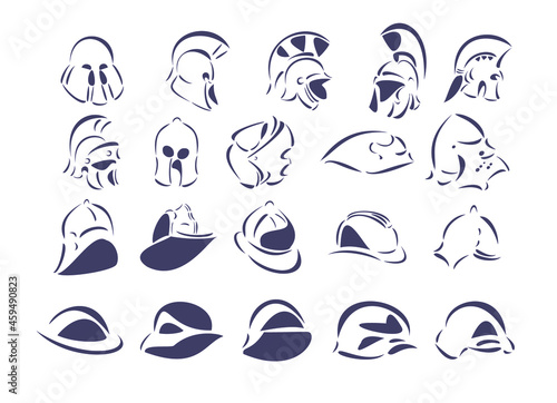 Twenty line-art vector illustrations of helmets