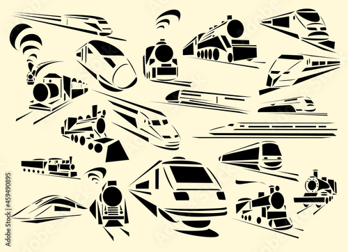 Twenty line-art vector illustrations of trains