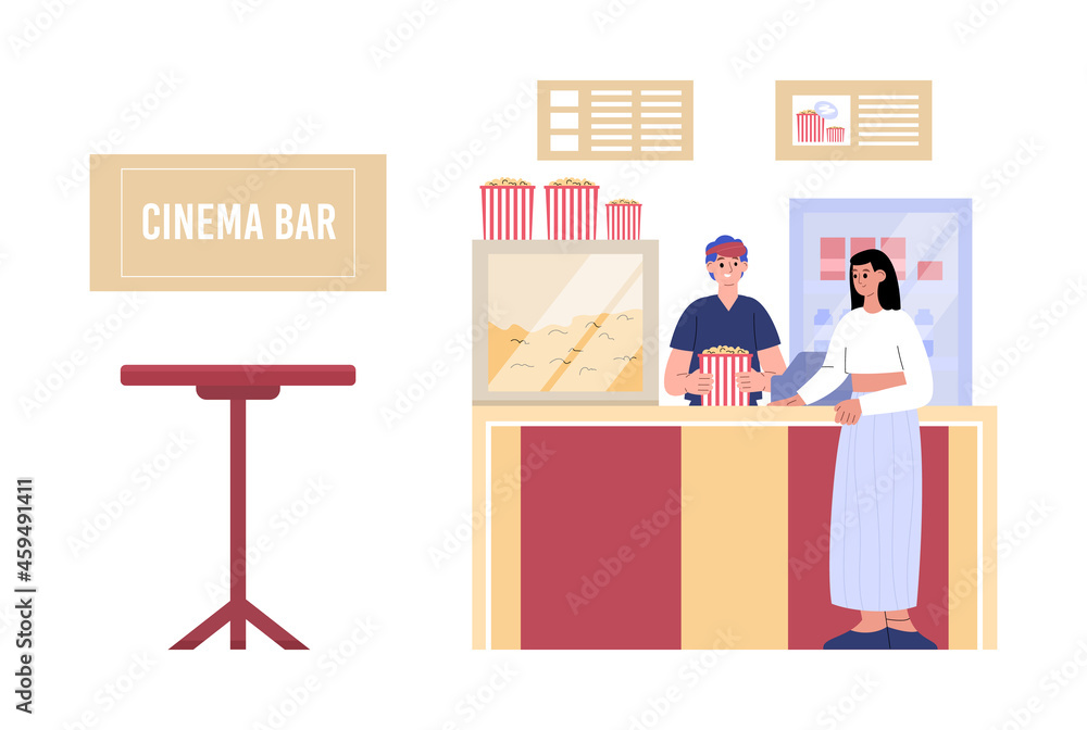 Cinema bar or cafeteria with vendor and buyer flat vector illustration isolated. Cinema bar or cafeteria with vendor and buyer flat vector illustration isolated.