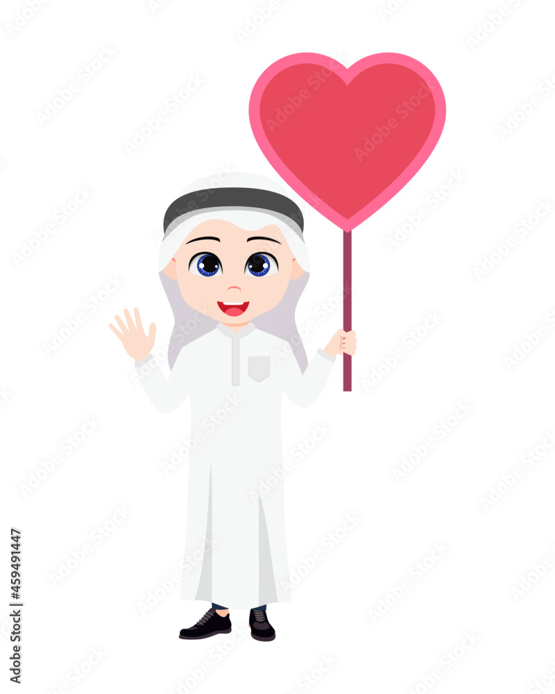 Happy Muslim boy character holding love shape placard Happy Muslim boy character holding love shape placard