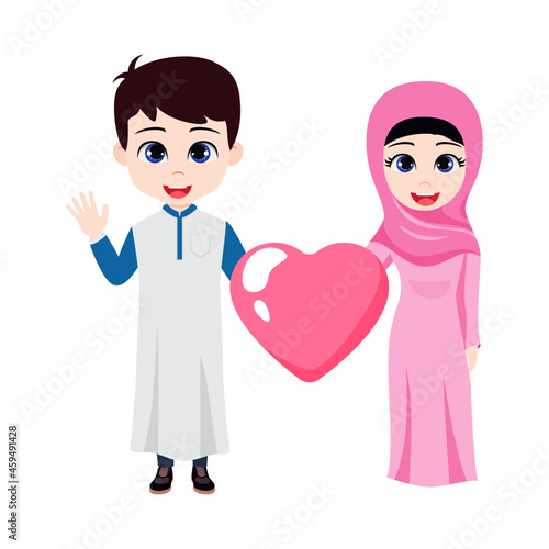 Happy cute Muslim couple character wearing beautiful traditional outfit standing and posing and holding love shape balloon