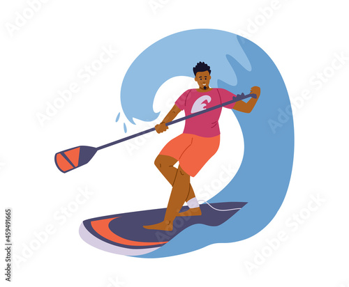 Young sport man float on paddle board in twirl of waves of sea, ocean or lake.