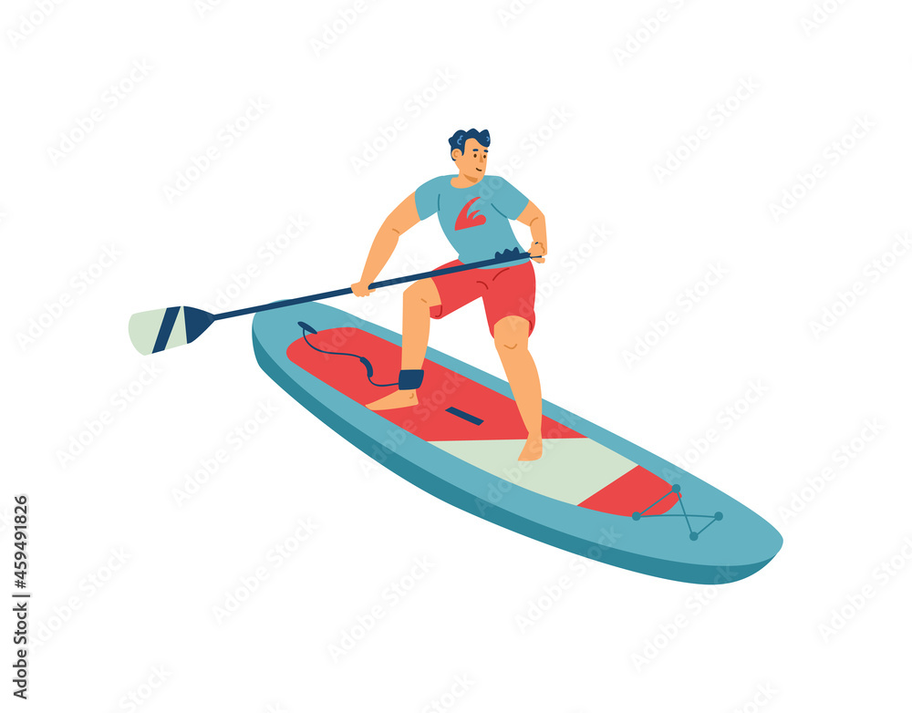 Young sport man with paddle do board exercises engaging of extreme sup surf.