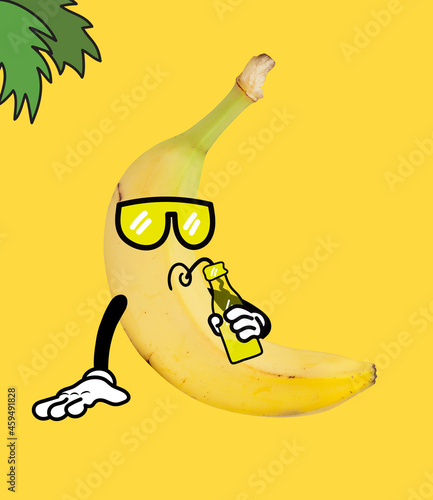 Obraz na płótnie Funny cartoony banana drinking lemonade at summer vacation isolated over yellow background
