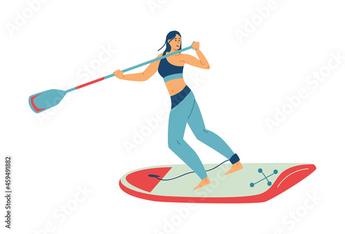 Girl ride on paddle board in sea, ocean or lake waves engaging sup surfing.