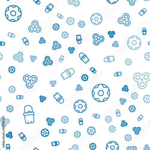 Set line Sand in bucket, Soccer football ball and Fidget spinner on seamless pattern. Vector