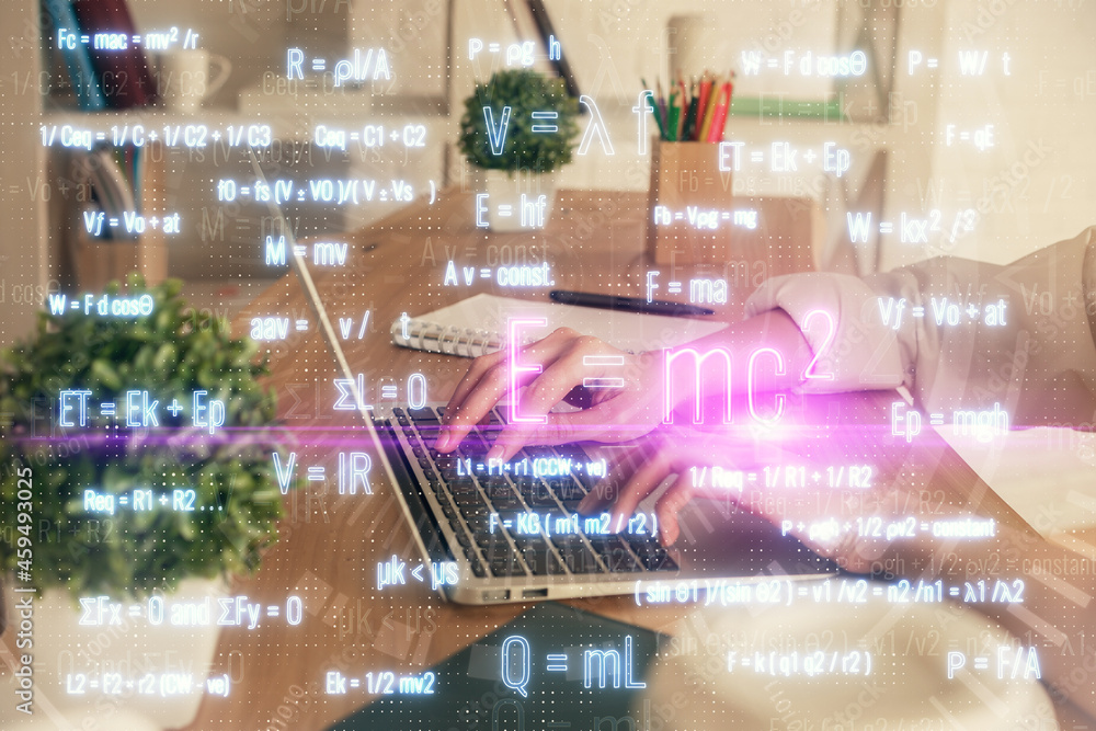 Double exposure of woman hands typing on computer and formula hologram drawing. Education concept.