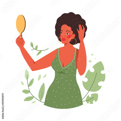 Black woman beauty looking at the mirror