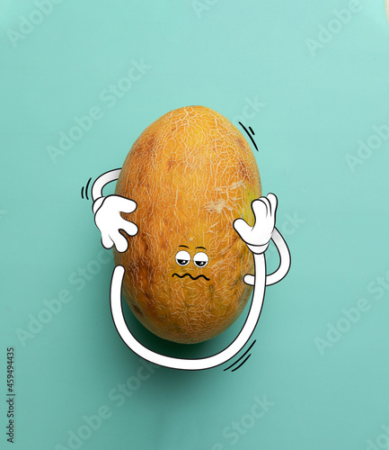 Contemporary artwork. Cute sad yellow watermelon thinking isolated over blue background. Drawn fruit in a cartoon style. Vitamins, healthy lifestyle. photo