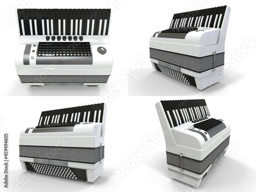 Set Red and white accordion on grey isolated background. 3d illustration. photo