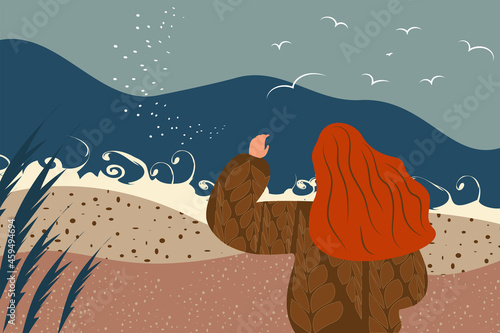 Horizontal vector illustration. Young dreamy girl in a knitted sweater with loose hair walks along the seashore, back view. Waves, trees, flying birds, leaves, sea, landscape in trendy flat style.