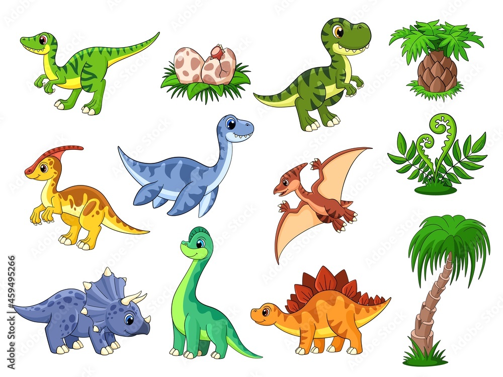 Cartoon dinosaurs. Cute dino, dinosaur and palm. Color wildlife characters,  prehistoric predator. Funny baby animals garish vector collection Stock  Vector