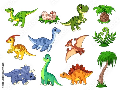 Fototapeta Naklejka Na Ścianę i Meble -  Cartoon dinosaurs. Cute dino, dinosaur and palm. Color wildlife characters, prehistoric predator. Funny baby animals garish vector collection