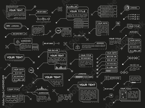 Callouts. Technology callout template, digital information frames. Computers futuristic text box, info hud style display. Cyber tidy vector collection