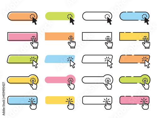 Click buttons. Clicked button, website buy interface elements. Internet page bar, cursor pointer and direction tools. Isolated computer design tidy vector set