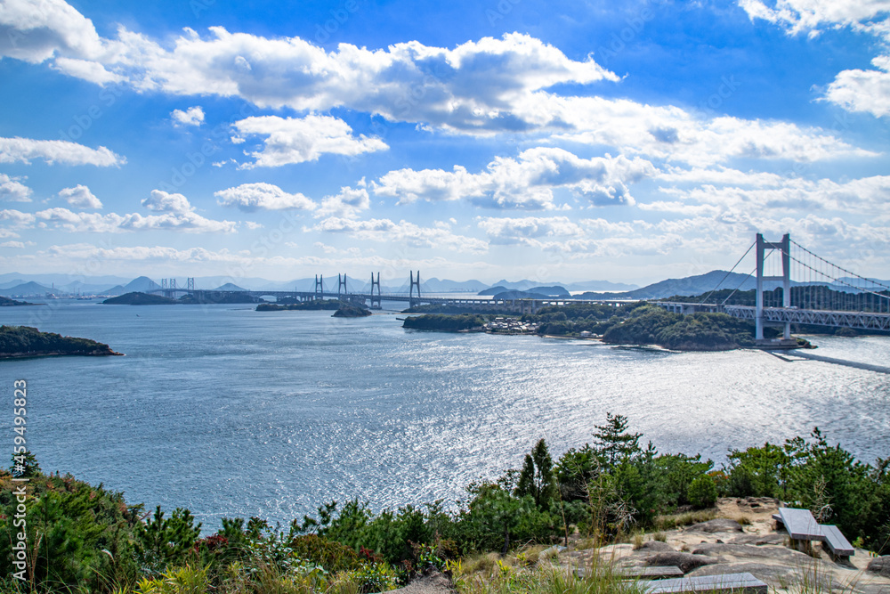 瀬戸大橋とキラキラと輝く海面の風景　岡山県倉敷市 The view of Seto Ohashi bridge at Setonaikai, Inland Sea of Japan, in Kurashiki city, Okayama pref. Japan 