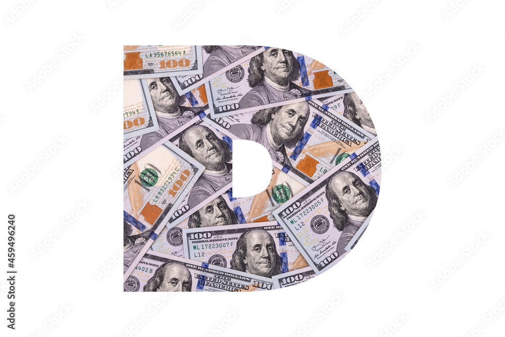 D. A letter of the Latin alphabet, the entire area of which is occupied by chaotically spread out 100 USD bills on a white background D. A letter of the Latin alphabet, the entire area of which is occupied by chaotically spread out 100 USD bills on a white background