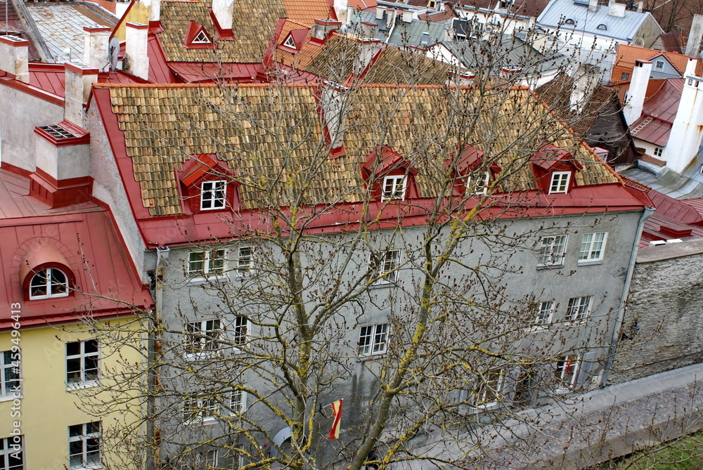 Overhead view of the Old Town with red tile roofs in Tallinn, Estonia