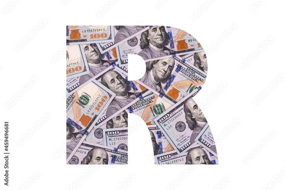 R. A letter of the Latin alphabet, the entire area of which is occupied by chaotically spread out 100 USD bills on a white background