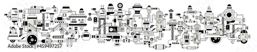 Vector Horizontal Illustration of Complex Mechanism on White Color Background. Product Production Concept. Line Art Style Design of Retro Machine
