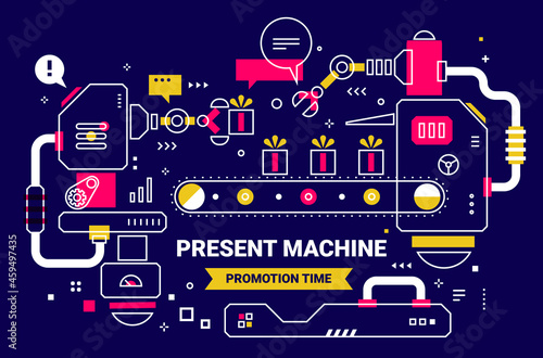 Vector Color Illustration of Complex Mechanism of Production Gift Box with Conveyor Belt and Robot Arm. Line Art Style Design of Present Machine with Header