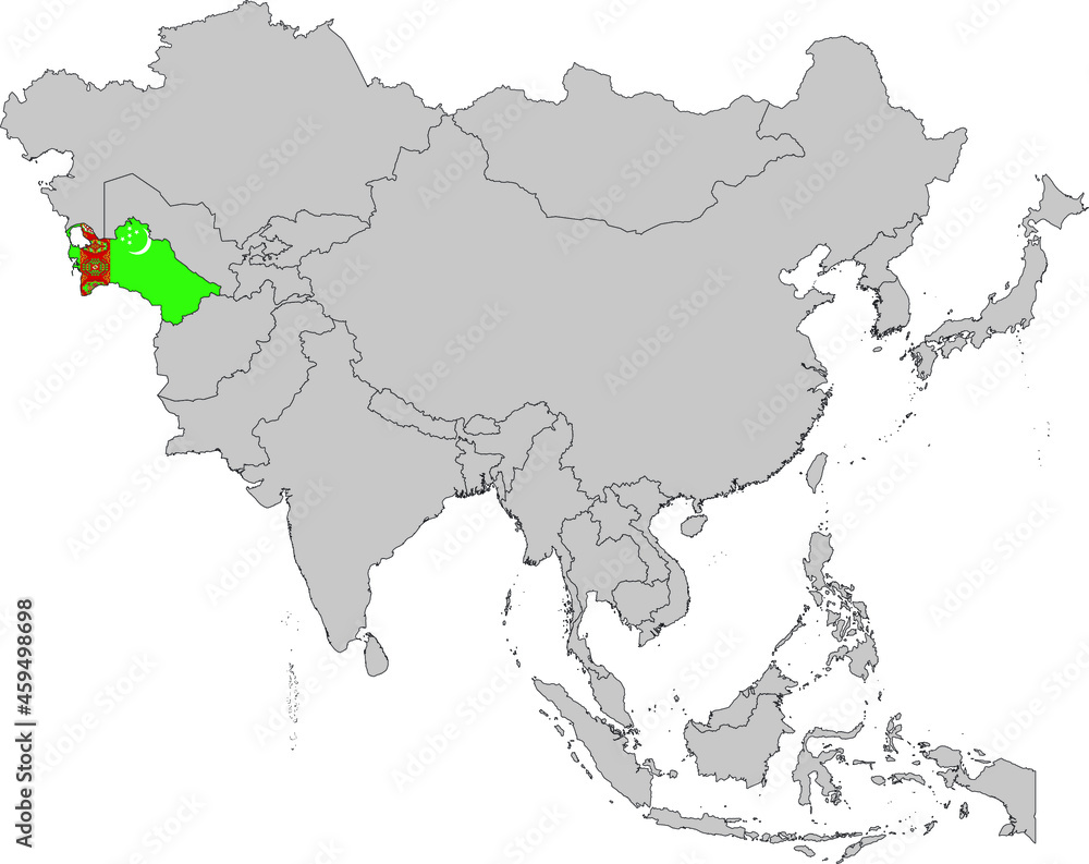 Map of Turkmenistan with national flag on Gray map of Asia