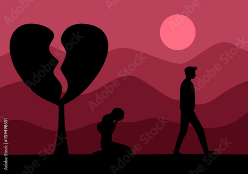 Broken heart concept vector illustration. Crying woman and walking away man with  broken heart tree in flat design. Bad Valentine’s Day. Breakup or divorced couple.