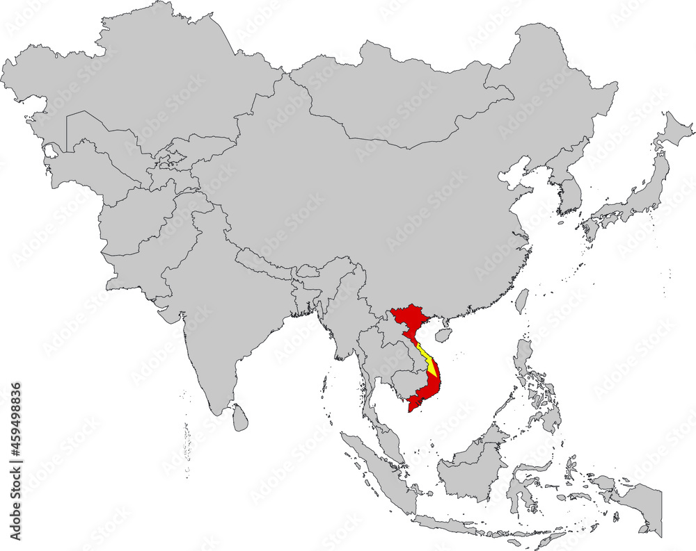 Fototapeta premium Map of Vietnam with national flag on Gray map of Asia