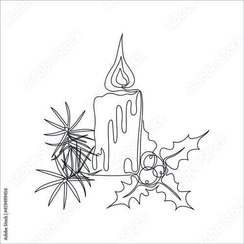 Christmas composition drawn by one line. Candle, mistletoe,  spuce branch. Vector illustration. 