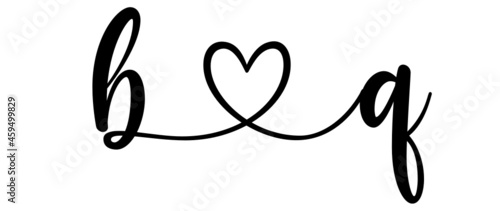 bq, qb, letters with heart Monogram, monogram wedding logo. Love icon, couples Initials, lower case, connecting HEART, home decor,