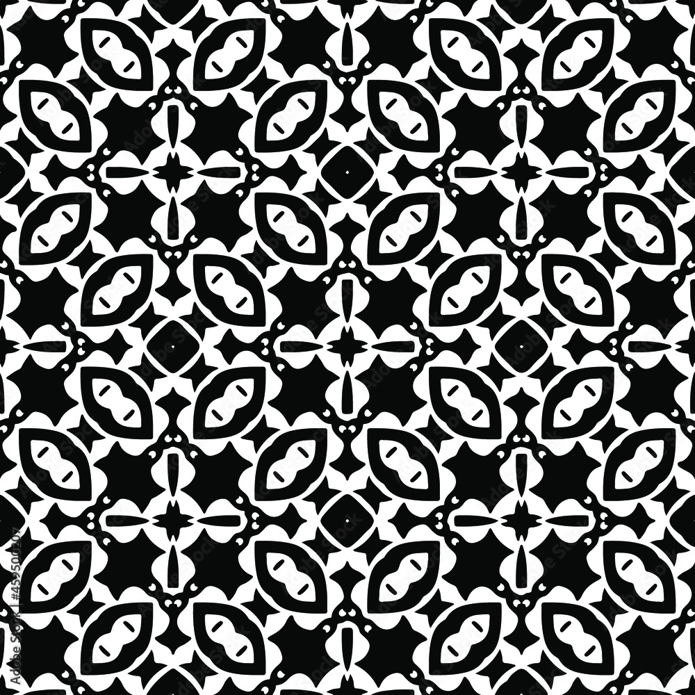 Flower geometric pattern. Seamless vector background. White and black ornament. Ornament for fabric, wallpaper, packaging. Decorative print. Flower geometric pattern. Seamless vector background. White and black ornament. Ornament for fabric, wallpaper, packaging. Decorative print.