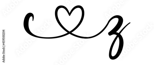 cz, zc, letters with heart Monogram, monogram wedding logo. Love icon, couples Initials, lower case, connecting HEART, home decor,