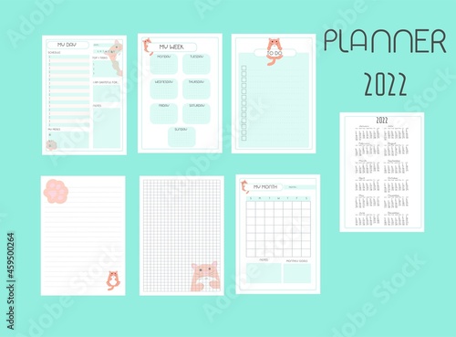 planner 2022with cat,Set of minimalist planners, my day my week my month calendar and writing sheets vector,printable to do list. Business organizer page. Paper sheet.
