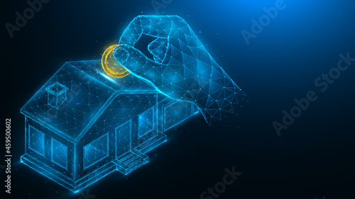 Polygonal vector illustration of a house and a hand with a coin on a dark blue background. Real estate investment concept. Abstract banner or template.