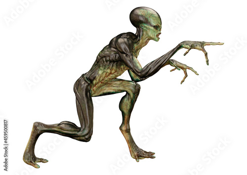 3D Rendering Green Alien on White