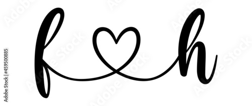 fh, hf, letters with heart Monogram, monogram wedding logo. Love icon, couples Initials, lower case, connecting HEART, home decor,