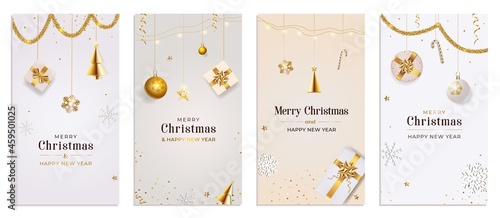 Christmas Template for social media stories. Story Xmas background with realistic gift boxes, white and gold color balls. Vertical New Year banner, poster, greeting card, Advertising flyer, brochure.