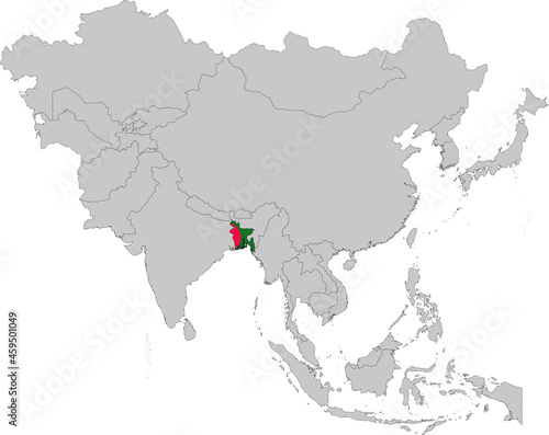 Map of Bangladesh with national flag on Gray map of Asia