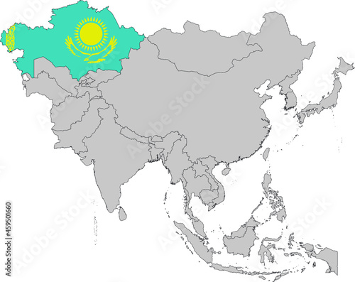Map of Kazakhstan with national flag on Gray map of Asia