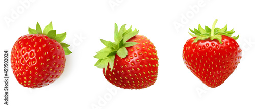 Close-up berry set on white background. Three perfect strawberry isolated.