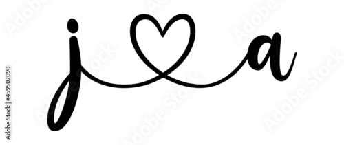 ja, aj, letters with heart Monogram, monogram wedding logo. Love icon, couples Initials, lower case, connecting HEART, home decor,